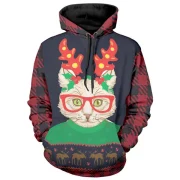 Christmas Cat Print Long Sleeve Hoodie - Fansmadedirect