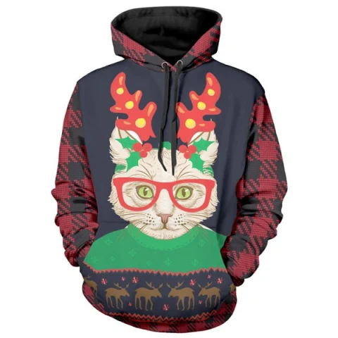 Christmas Cat Print Long Sleeve Hoodie - Fansmadedirect