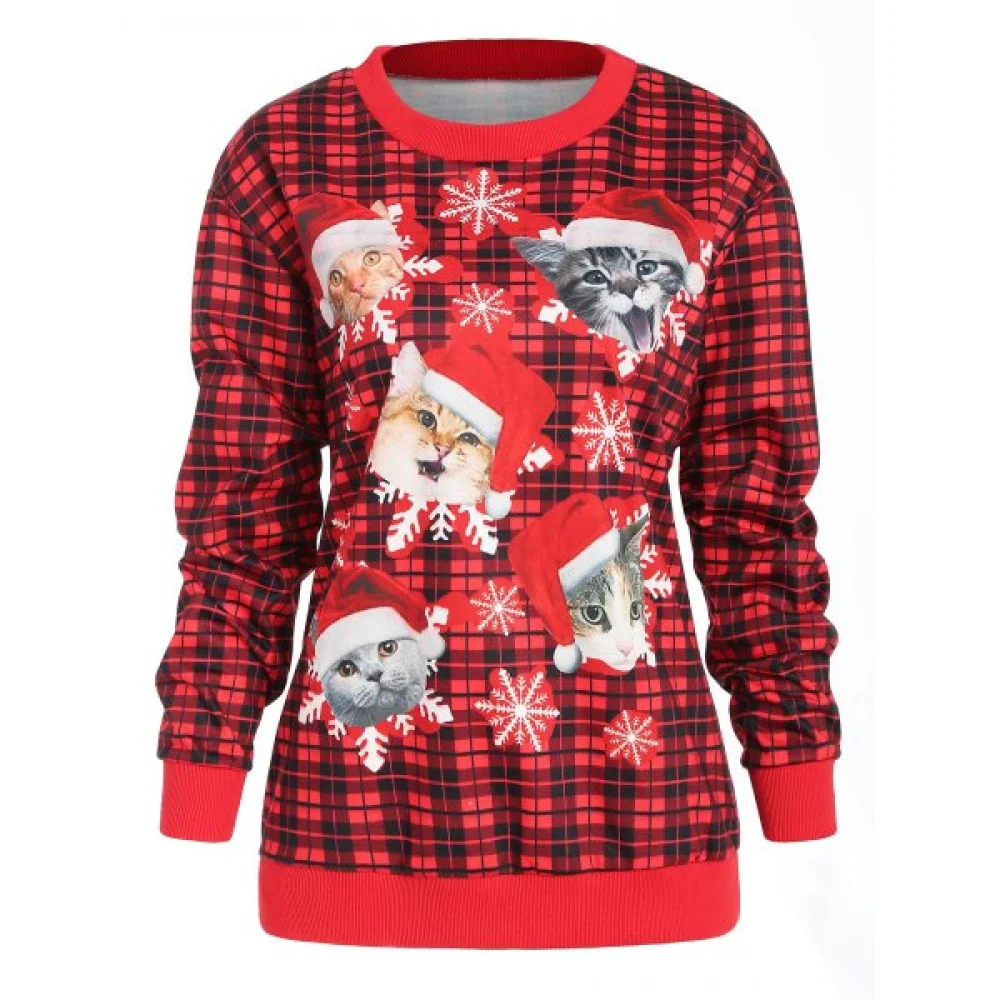 Christmas Cat Print Plaid Sweatshirt - Red Fansmadedirect