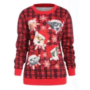 Christmas Cat Print Plaid Sweatshirt - Red Fansmadedirect