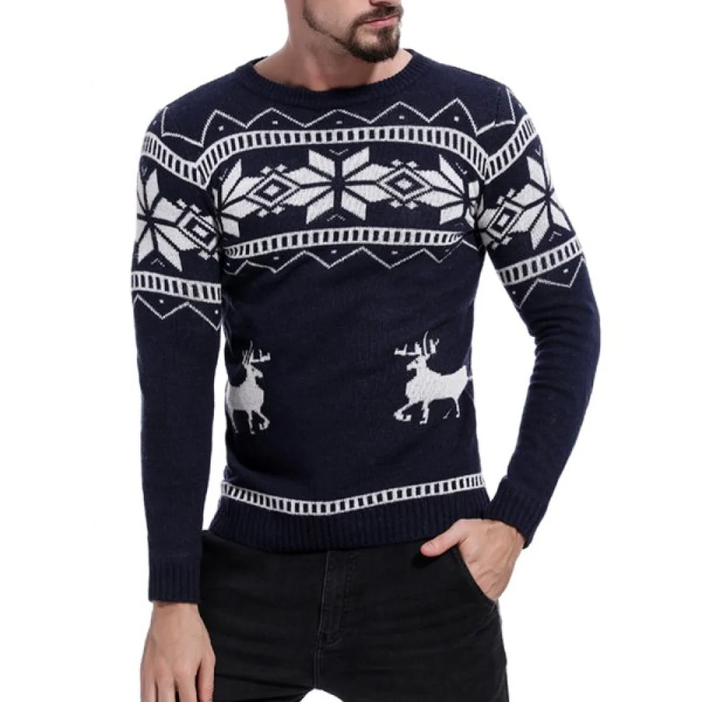 Christmas Deer Pattern Pullover Sweater - idnight Blue Fansmadedirect