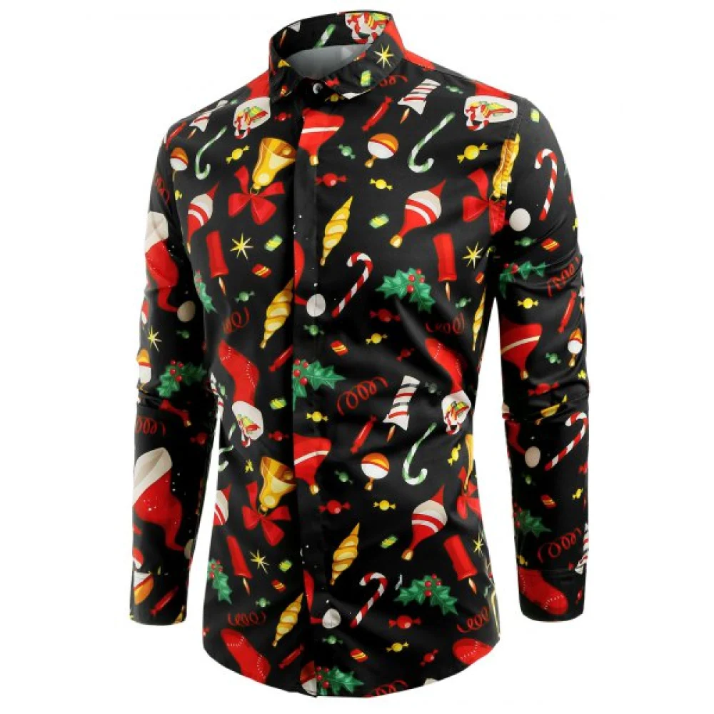 Christmas Elements Print ong Sleeve Shirt - Black Fansmadedirect