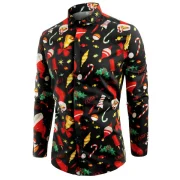 Christmas Elements Print ong Sleeve Shirt - Black Fansmadedirect