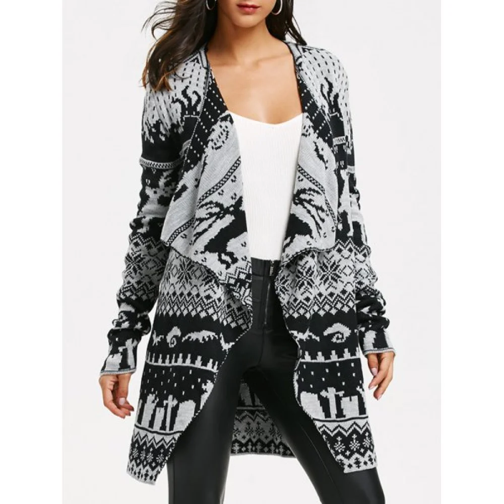 Christmas Elk Knit Draped Tunic Cardigan - Black Fansmadedirect