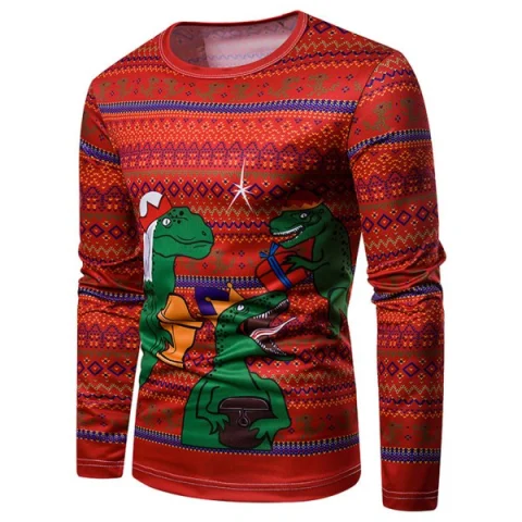 Christmas Geometric Dinosaur Printed Crew Neck T-shirt - Fansmadedirect