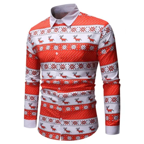 Christmas Geometry Elk Print Long Sleeves Shirt - Red Fansmadedirect