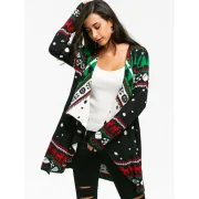 Christmas Graphic Tunic Knitted Draped Cardigan - Black Fansmadedirect