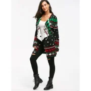 Christmas Graphic Tunic Knitted Draped Cardigan - Black Fansmadedirect