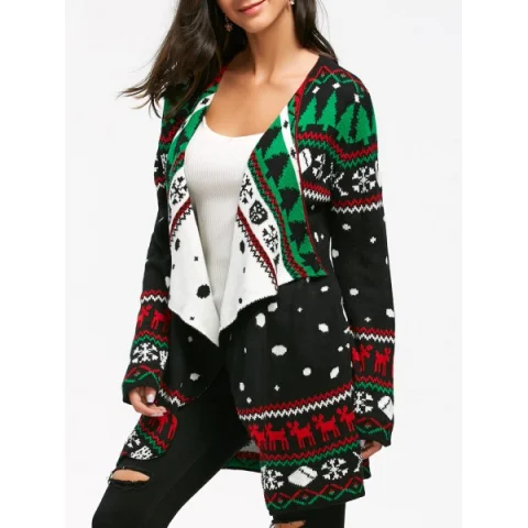 Christmas Graphic Tunic Knitted Draped Cardigan - Black Fansmadedirect