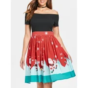 Christmas Off The Shoulder Swing Dress - Red Fansmadedirect