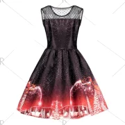 Christmas Printed esh Panel Vintage Dress - Black Fansmadedirect
