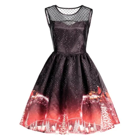 Christmas Printed esh Panel Vintage Dress - Black Fansmadedirect