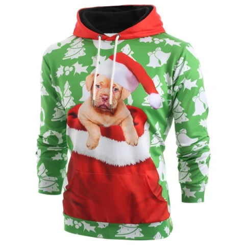 Christmas Puppy Print Pouch Pocket Hoodie - Clover Green Fansmadedirect