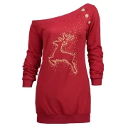 Christmas Reindeer Print Tunic kew Neck weatshirt - Red Fansmadedirect