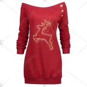 Christmas Reindeer Print Tunic kew Neck weatshirt - Red Fansmadedirect