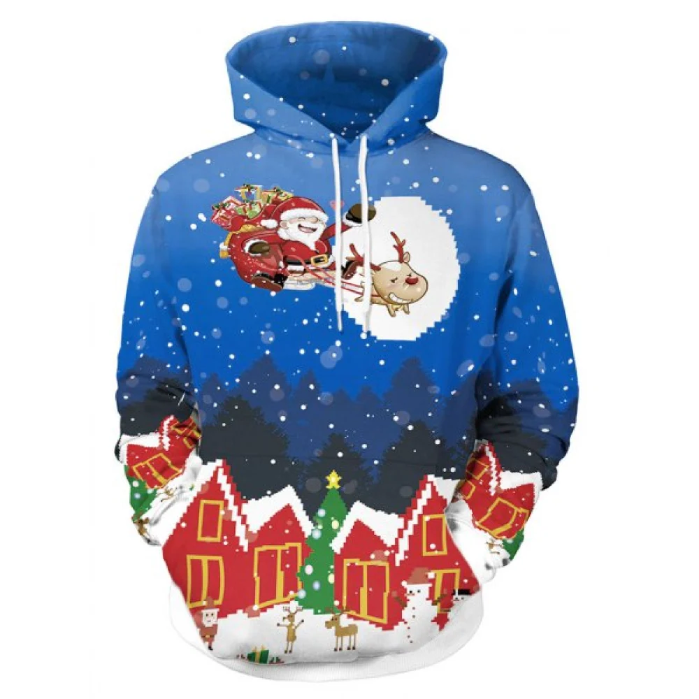Christmas Santa and Gift Print Drawstring Hoodie - Blue Fansmadedirect