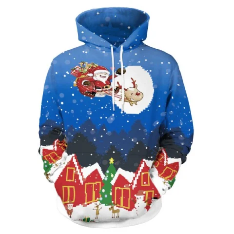 Christmas Santa and Gift Print Drawstring Hoodie - Blue Fansmadedirect