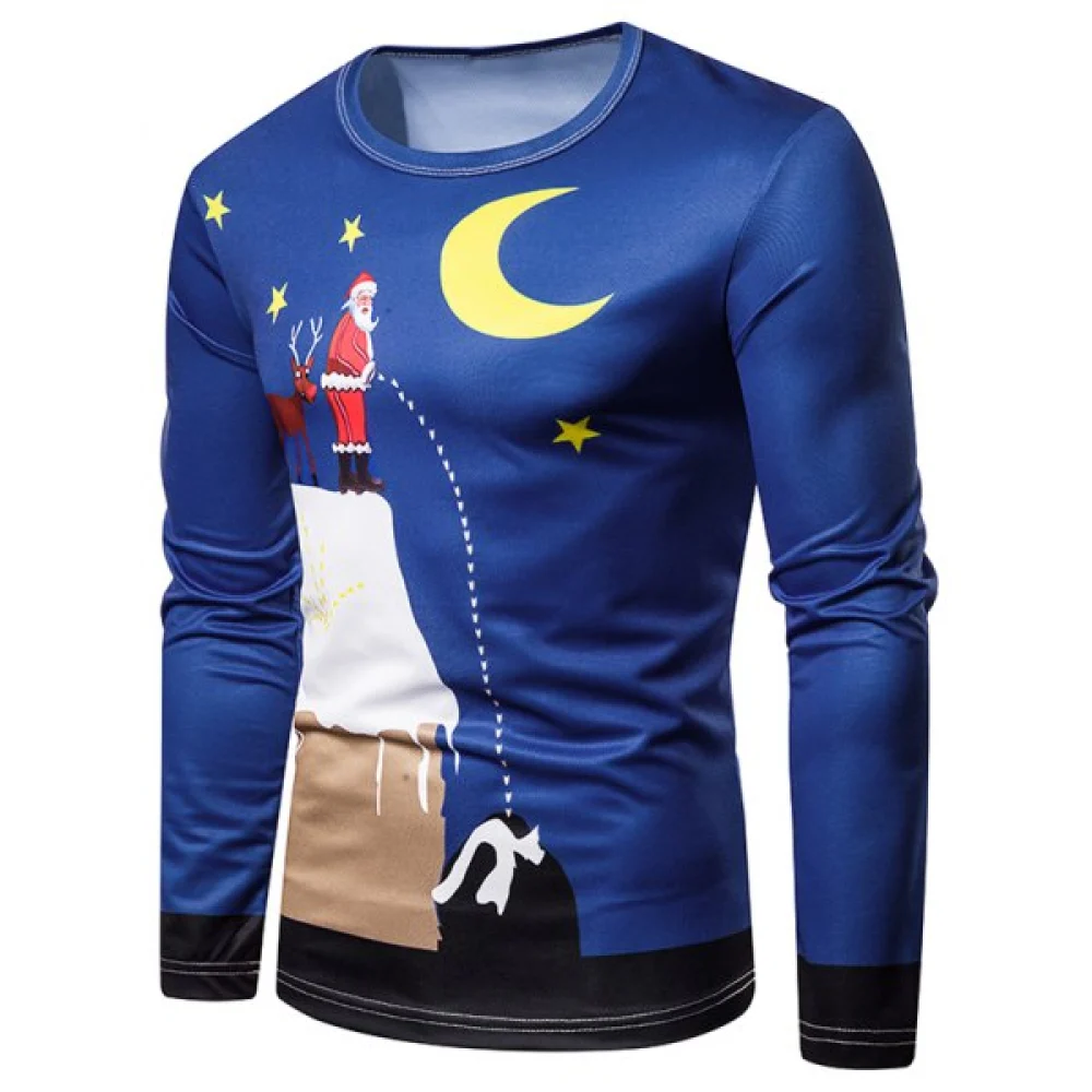 Christmas Santa Claus and Moon Printed Crew Neck Tee - Fansmadedirect