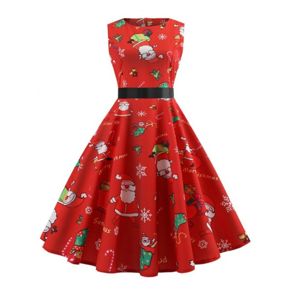 Christmas Santa Claus Print High Waist Dress - Red Fansmadedirect