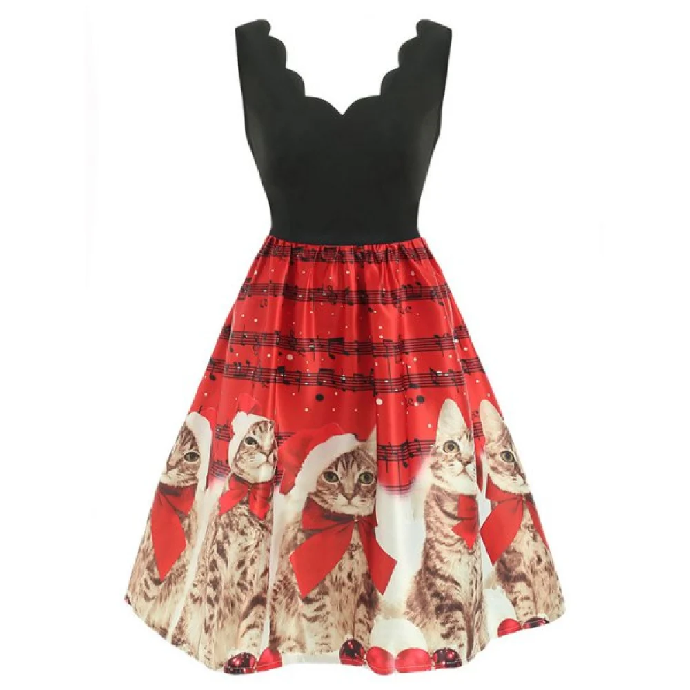 Christmas Set Petal Collar Positioning Print Vintage Skirt - Red Fansmadedirect