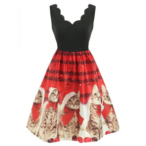 Christmas Set Petal Collar Positioning Print Vintage Skirt - Red Fansmadedirect
