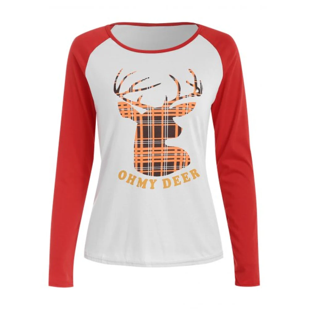 Christmas Slash Neck Long Sleeve Deer Pattern T-Shirt For Women - Red Fansmadedirect