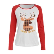 Christmas Slash Neck Long Sleeve Deer Pattern T-Shirt For Women - Red Fansmadedirect