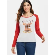 Christmas Slash Neck Long Sleeve Deer Pattern T-Shirt For Women - Red Fansmadedirect