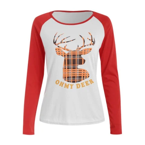 Christmas Slash Neck Long Sleeve Deer Pattern T-Shirt For Women - Red Fansmadedirect
