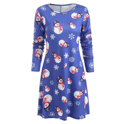 Christmas Snowman Print Tee Dress - Ocean Blue Fansmadedirect