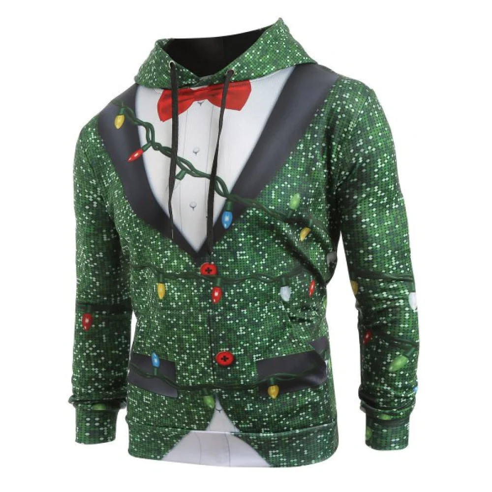 Christmas String Light Faux Collar Printed Drawstring Hoodie - Greenish Blue Fansmadedirect