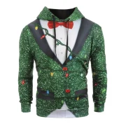 Christmas String Light Faux Collar Printed Drawstring Hoodie - Greenish Blue Fansmadedirect