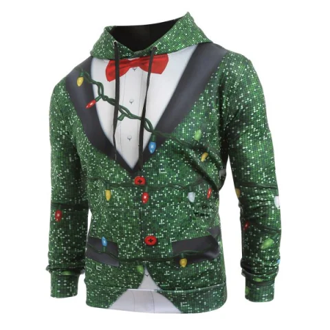 Christmas String Light Faux Collar Printed Drawstring Hoodie - Greenish Blue Fansmadedirect