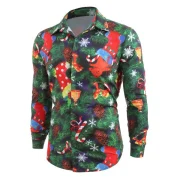 Christmas Theme Print Hidden Button Shirt - Pine Green Fansmadedirect