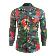 Christmas Theme Print Hidden Button Shirt - Pine Green Fansmadedirect