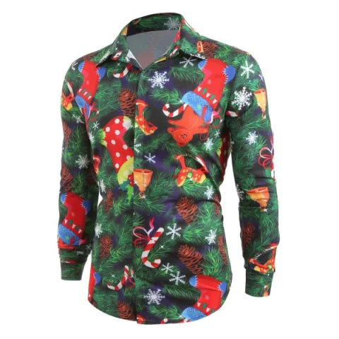 Christmas Theme Print Hidden Button Shirt - Pine Green Fansmadedirect