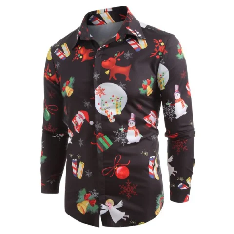 Christmas Theme Printed Long Sleeve Shirt - Black Fansmadedirect
