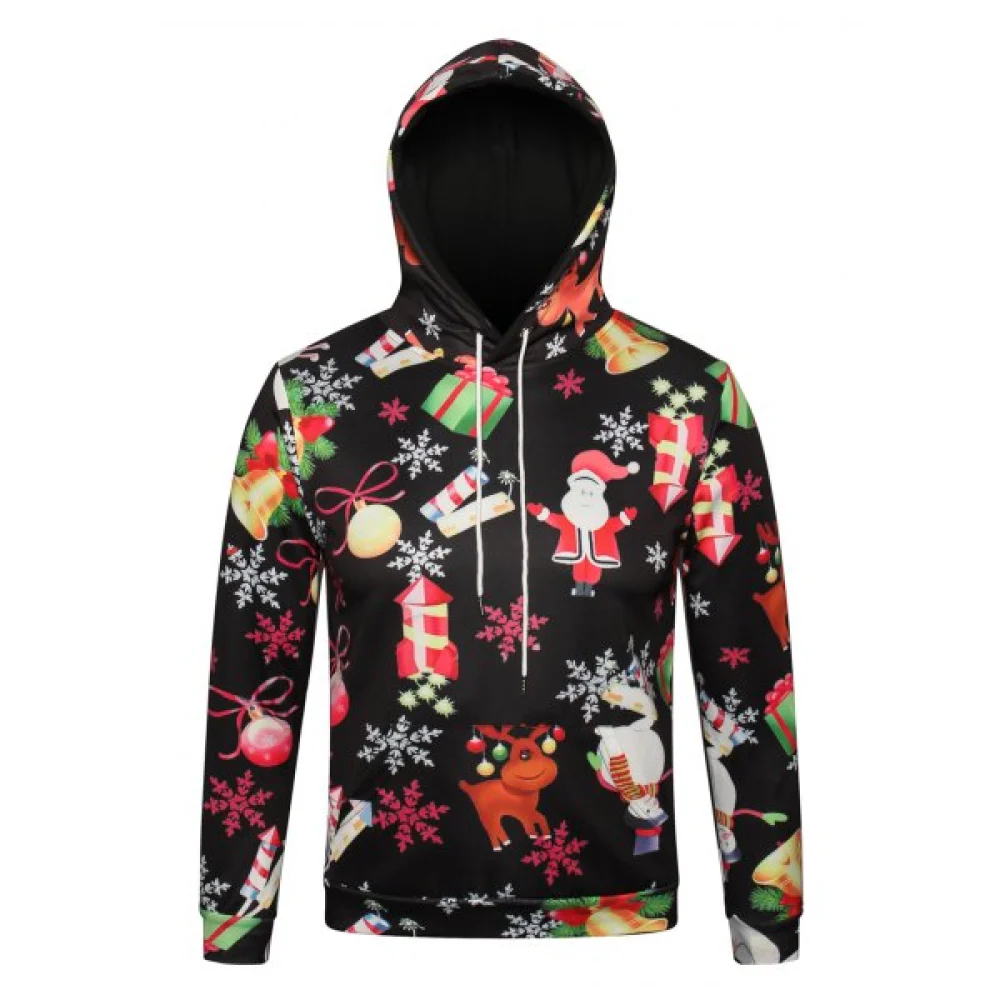Christmas Theme Printed Pullover Hoodie - Black Fansmadedirect