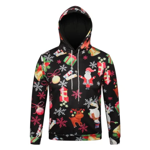 Christmas Theme Printed Pullover Hoodie - Black Fansmadedirect
