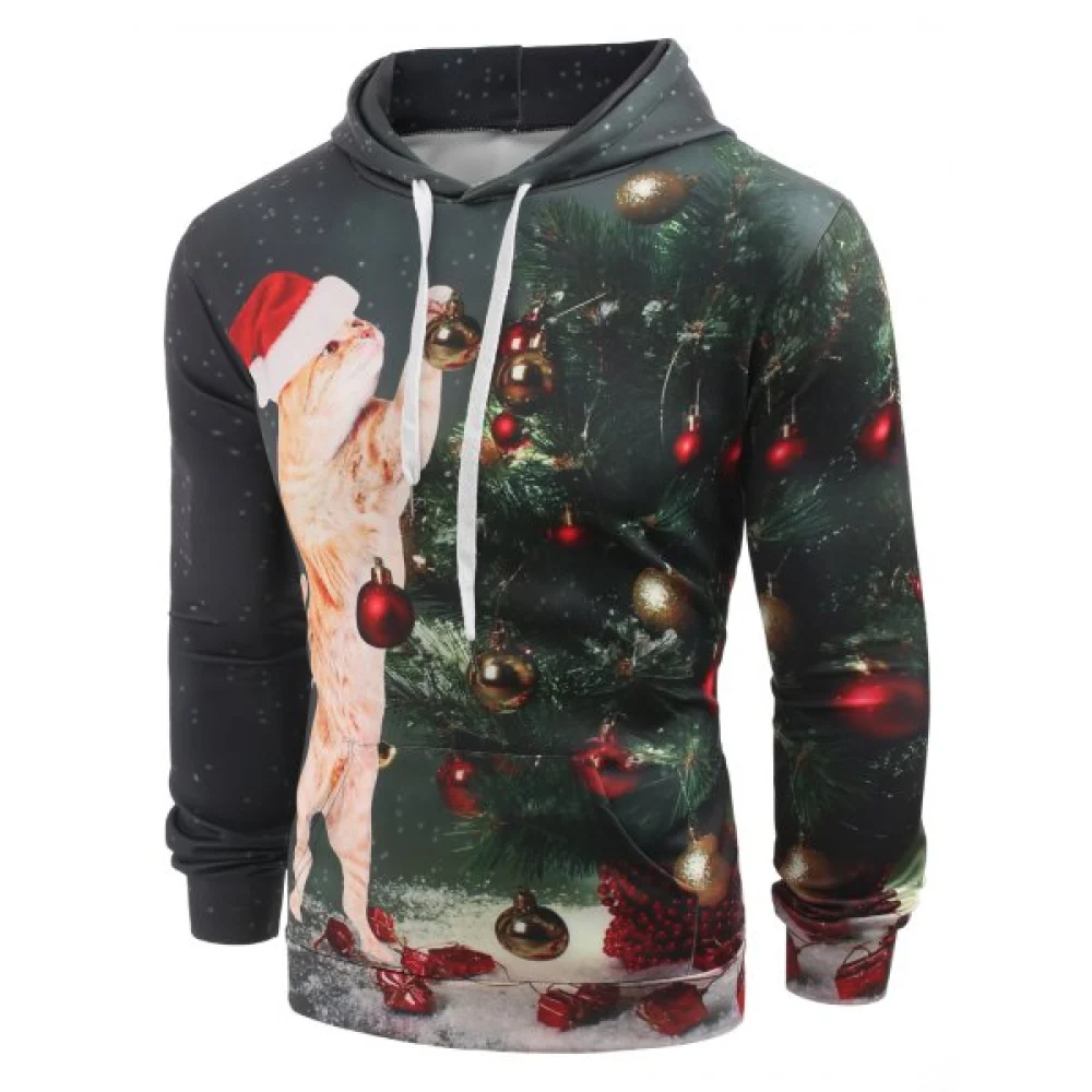 Christmas Tree Cat Print Drawstring Hoodie - Dark Forest Green Fansmadedirect