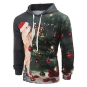 Christmas Tree Cat Print Drawstring Hoodie - Dark Forest Green Fansmadedirect