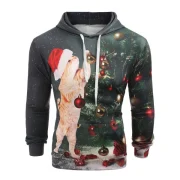 Christmas Tree Cat Print Drawstring Hoodie - Dark Forest Green Fansmadedirect