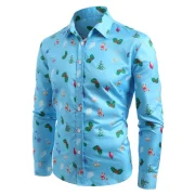 Christmas Tree Printed Turn Down Collar hirt - Robin Egg Blue Fansmadedirect