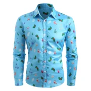 Christmas Tree Printed Turn Down Collar hirt - Robin Egg Blue Fansmadedirect