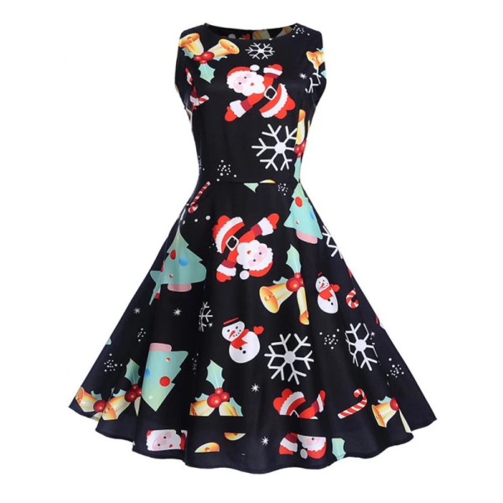 Christmas Vintage Printed Pin Up Dress - Black Fansmadedirect