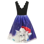 Christmas White Cat Print Sleeveless Flare Dress - Black Fansmadedirect