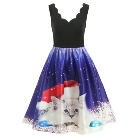 Christmas White Cat Print Sleeveless Flare Dress - Black Fansmadedirect