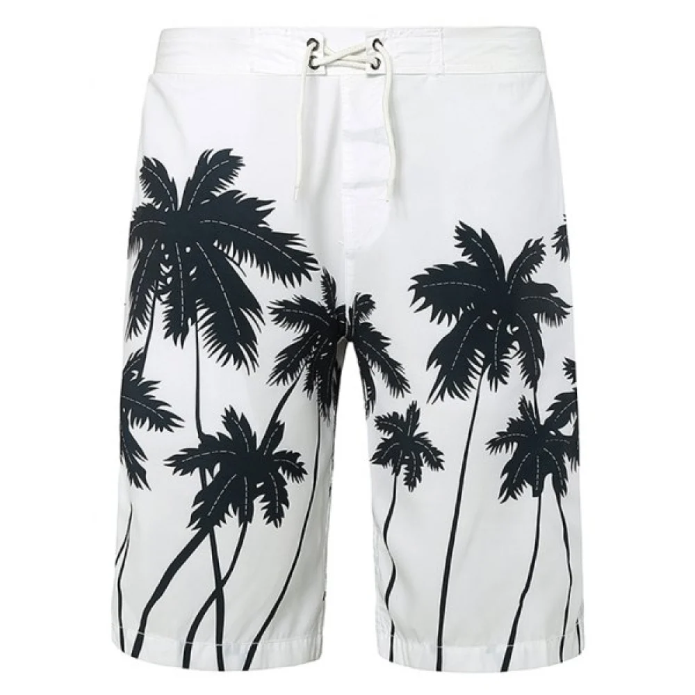 Coconut Palms Print Drawstring Board Shorts - White Fansmadedirect