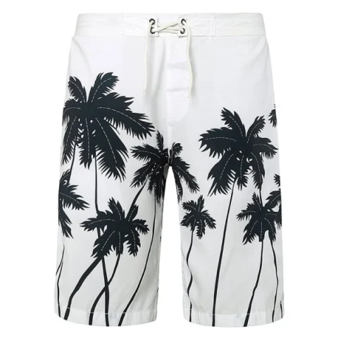 Coconut Palms Print Drawstring Board Shorts - White Fansmadedirect