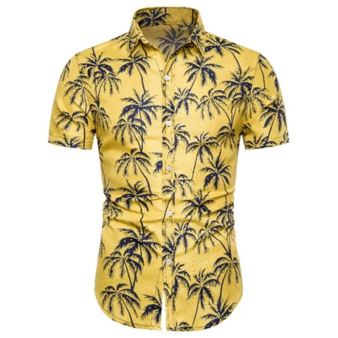 Coconut Tree Print Button Up Shirt - Yellow Fansmadedirect